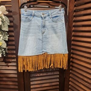 Arizona Jean Company Light Blue Denim Skirt with Brown Fringe